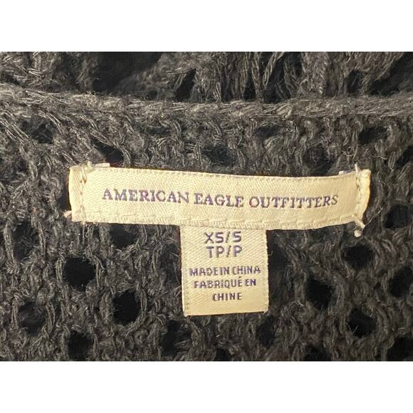 American Eagle Black Open Crochet Fringe Hem Cardigan Women's Size X-Small - Picture 3 of 7